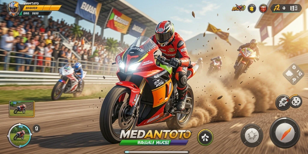 Screenshot gameplay <strong>MEDANTOTO</strong> menampilkan aksi balapan motor yang mendebarkan.
