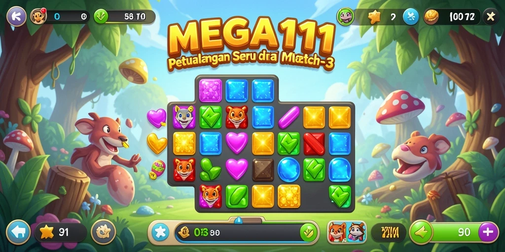 Screenshot gameplay MEGA111 menampilkan aksi mencocokkan permata yang menarik.