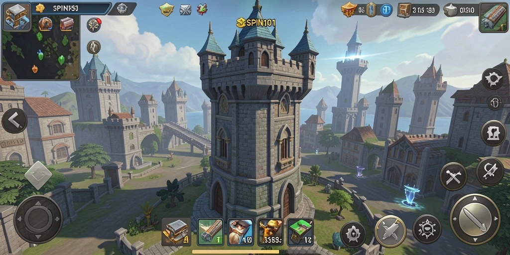 Screenshot gameplay SPIN101 menampilkan menara pertahanan menghadapi gelombang musuh.