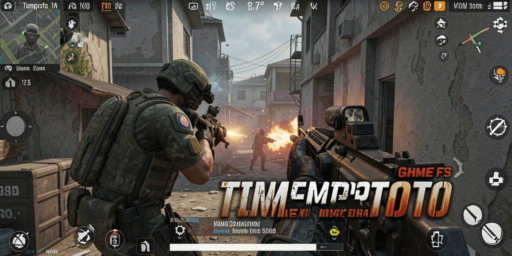 Screenshot utama TEMPOTOTO menampilkan aksi tembak-menembak yang mendebarkan.