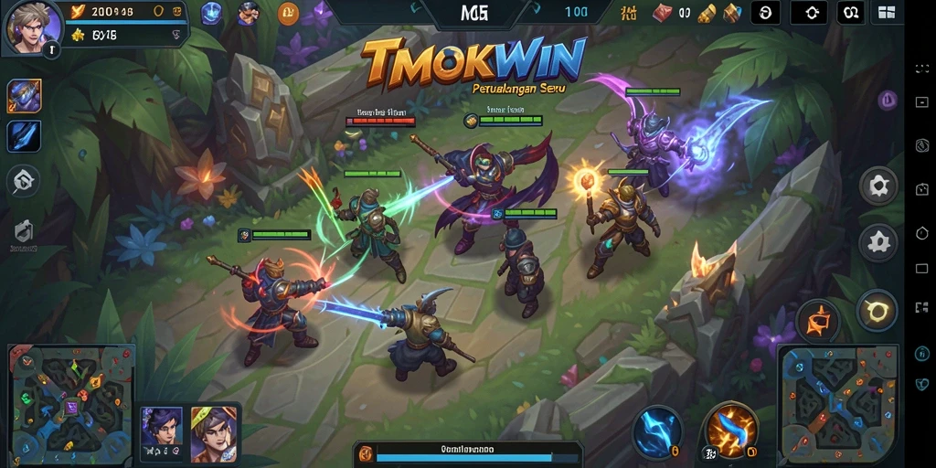 Screenshot gameplay TMOKWIN menampilkan pertarungan seru antar tim.