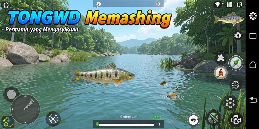 Tampilan overlay gameplay TONGWD dengan aksi memancing yang seru.